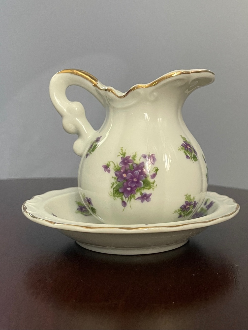 Lefton Vintage 1967 Porcelain Mini Pitcher and Bowl Violets with Gold Accent